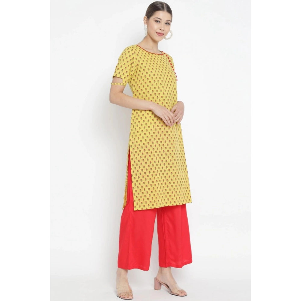 Snuggle Spot Women's Casual Short Sleeves Floral Printed Cotton &amp; Rayon Kurti Palazzo Set (Yellow &amp; Red)