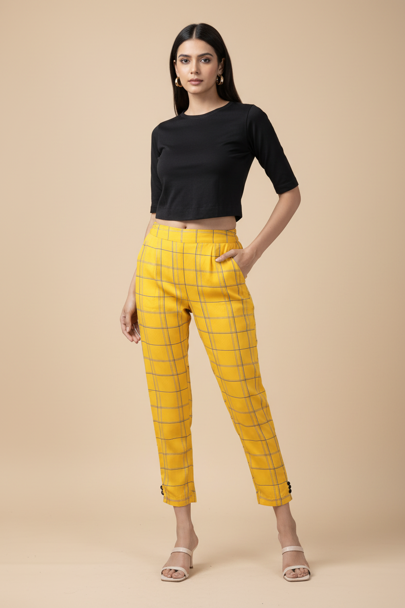 Snuggle Spot Women's Casual Checked Rayon Trouser Pant (Yellow)