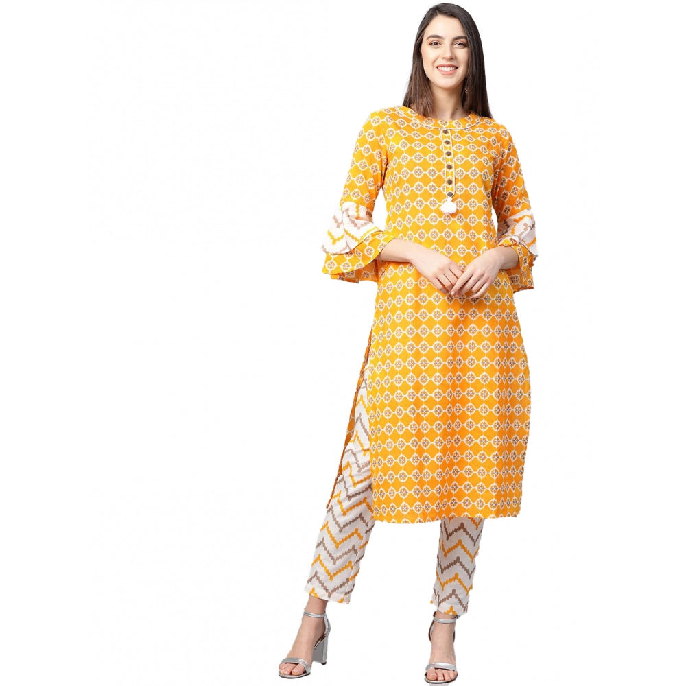 Snuggle Spot Women's Casual 3/4 th Sleeve Floral Printed Cotton Kurti Set (Mustard)