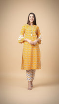 Snuggle Spot Women's Casual 3/4 th Sleeve Floral Printed Cotton Kurti Set (Mustard)
