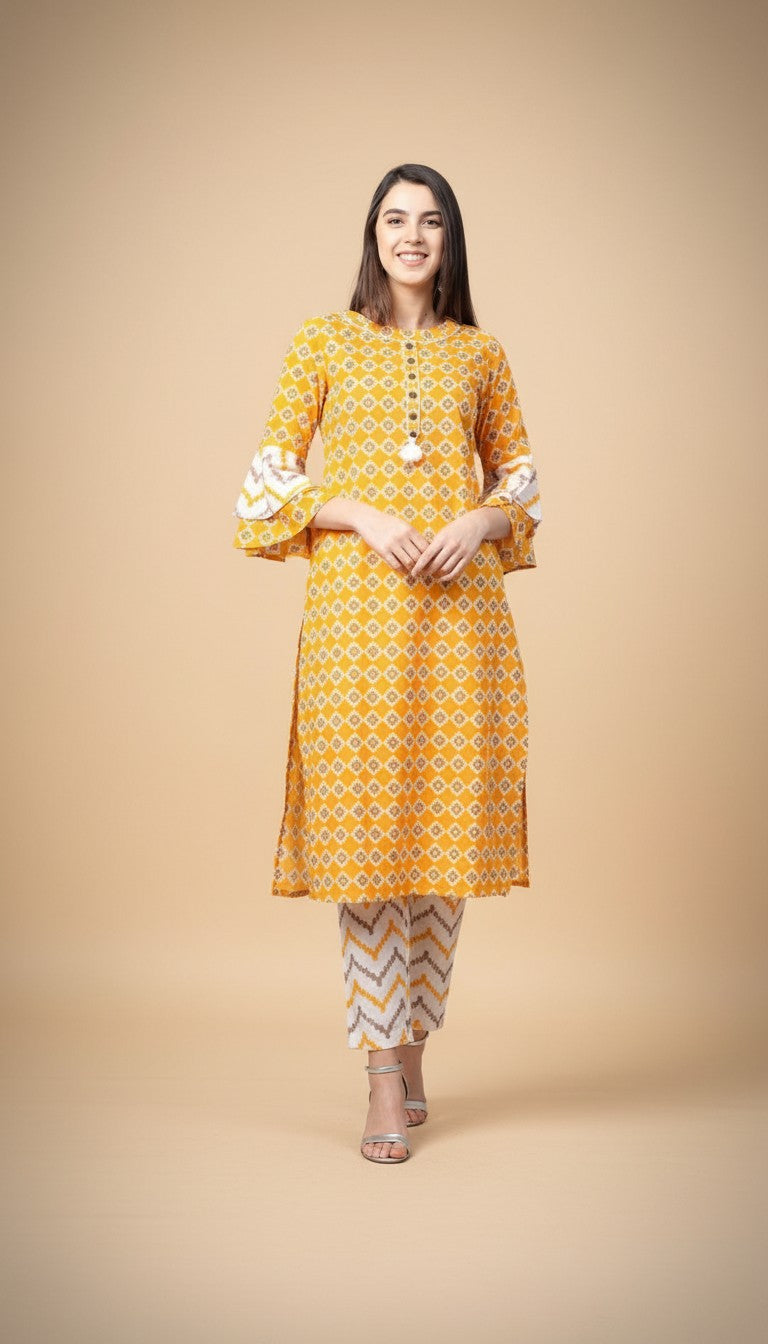 Snuggle Spot Women's Casual 3/4 th Sleeve Floral Printed Cotton Kurti Set (Mustard)