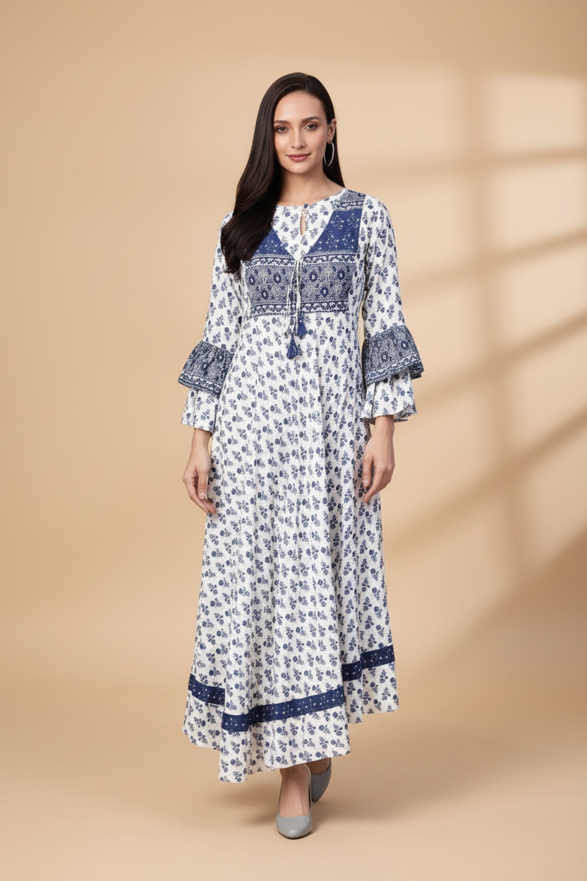 Snuggle Spot Women's Casual Bell Sleeve Floral Printed Rayon Dress (White &amp; Blue)