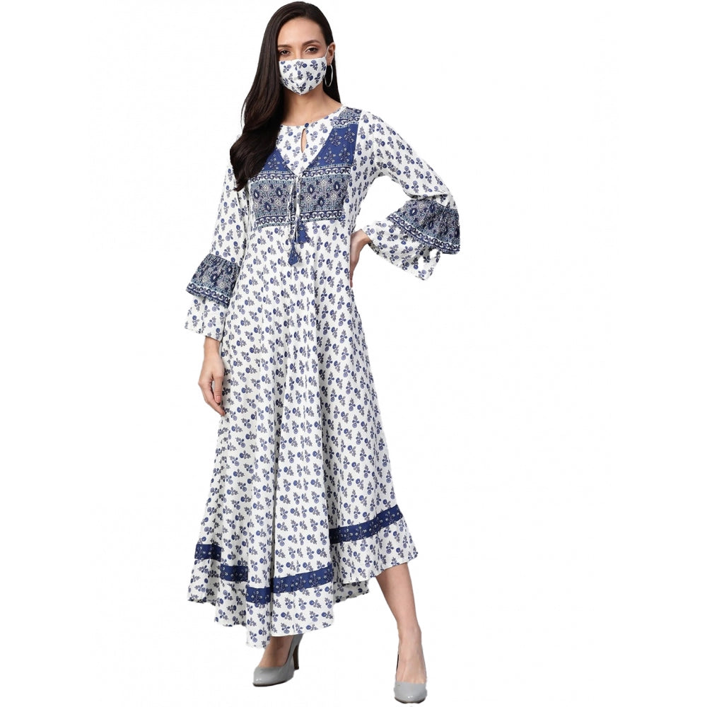 Snuggle Spot Women's Casual Bell Sleeve Floral Printed Rayon Dress (White &amp; Blue)