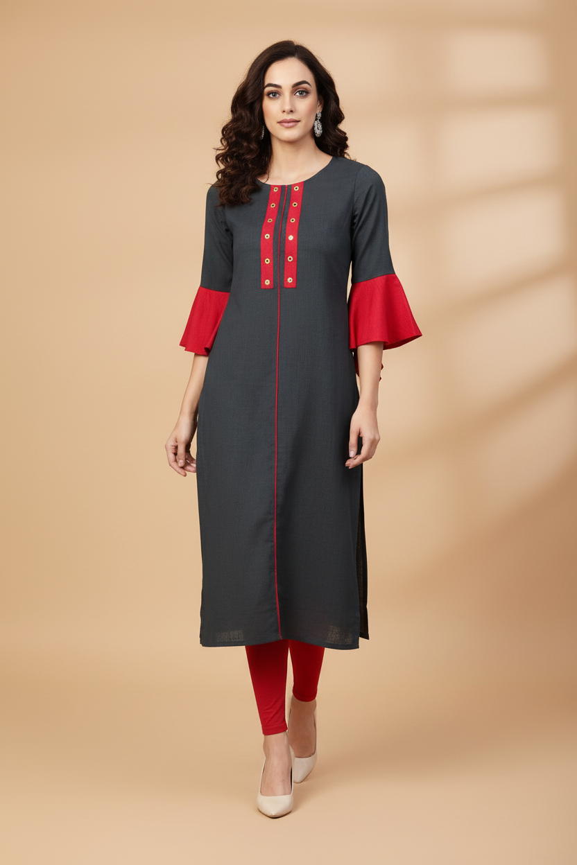 Snuggle Spot Women's Casual Bell Sleeves Mirror Work Cotton Slub Kurti (Grey)