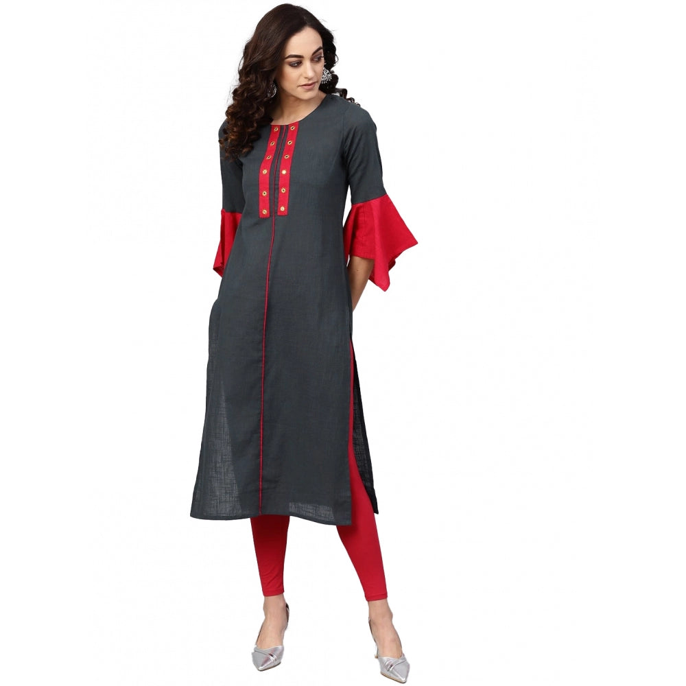Snuggle Spot Women's Casual Bell Sleeves Mirror Work Cotton Slub Kurti (Grey)