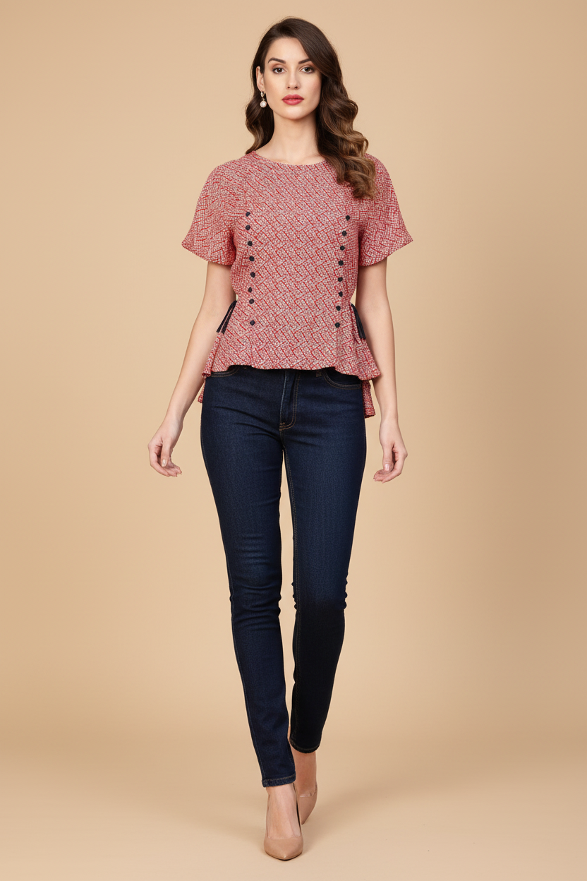 Snuggle Spot Women's Casual Short Sleeve Geometric Rayon Top (Red)