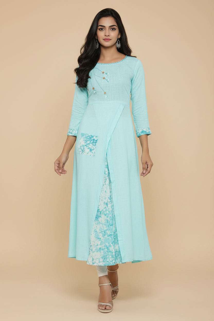 Snuggle Spot Women's Casual 3/4 th Sleeve Embroidery Rayon Kurti (Sky Blue)