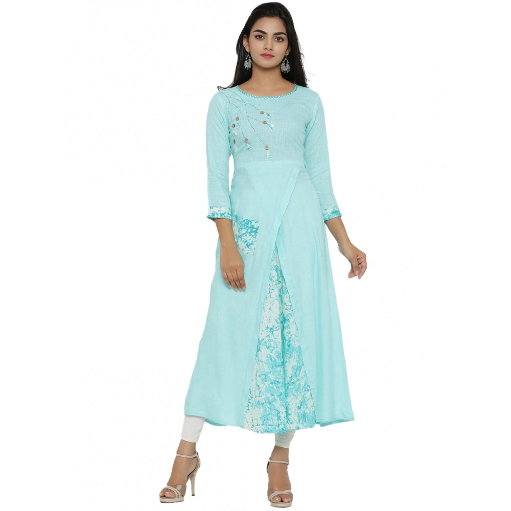 Snuggle Spot Women's Casual 3/4 th Sleeve Embroidery Rayon Kurti (Sky Blue)