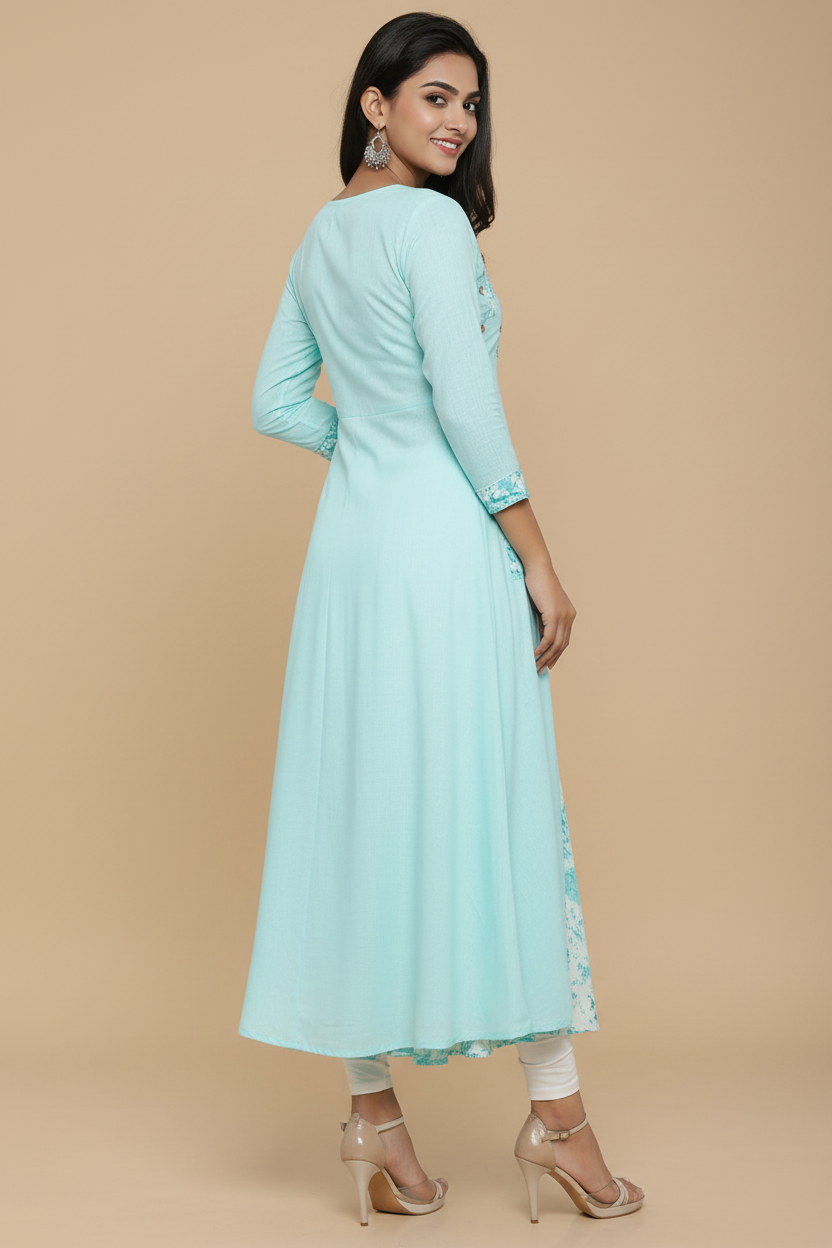 Snuggle Spot Women's Casual 3/4 th Sleeve Embroidery Rayon Kurti (Sky Blue)