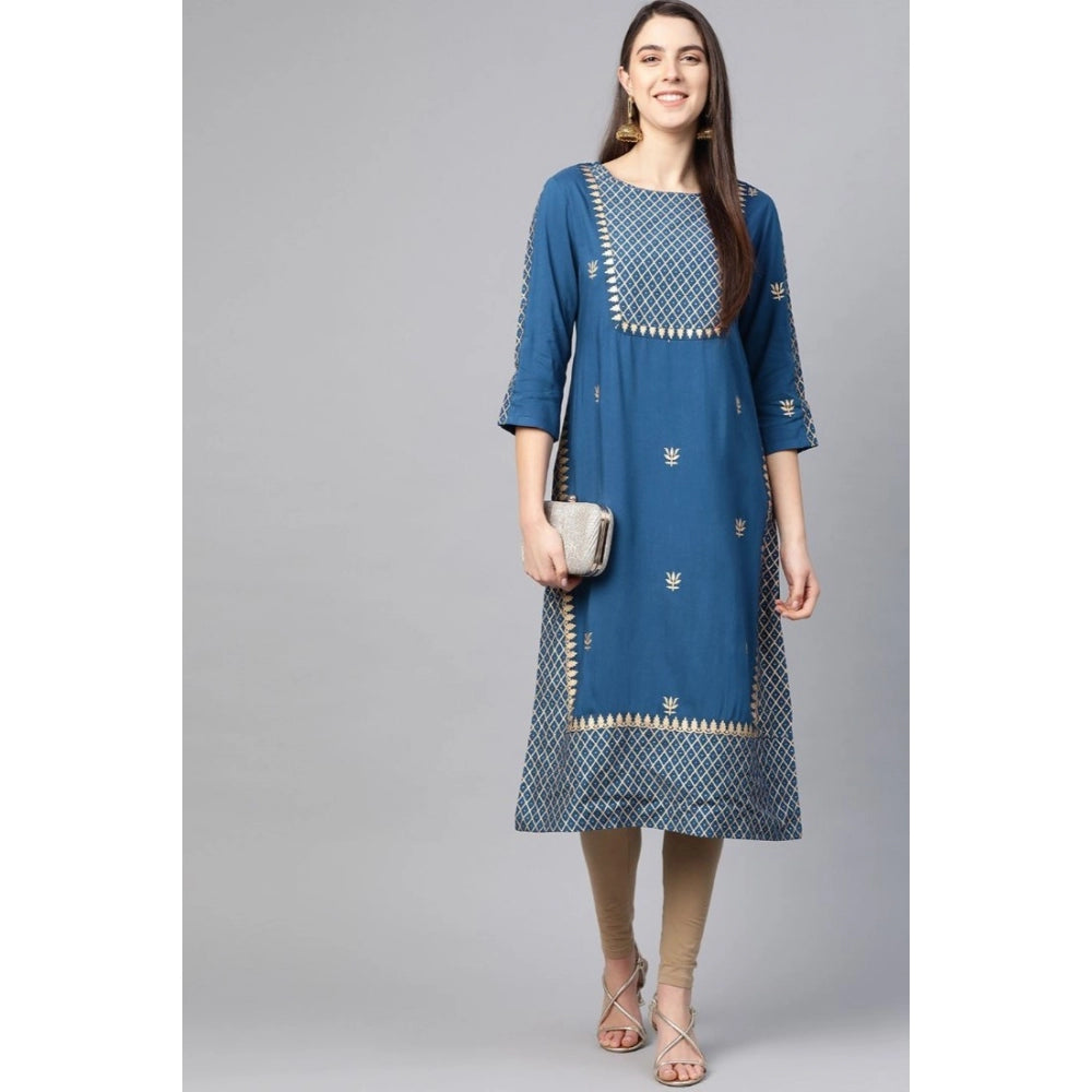 Snuggle Spot Women's Casual 3/4 th Sleeve Floral Printed Rayon Kurti (Blue)