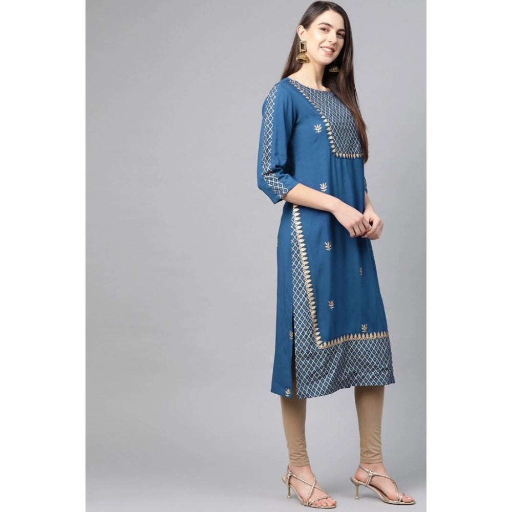 Snuggle Spot Women's Casual 3/4 th Sleeve Floral Printed Rayon Kurti (Blue)