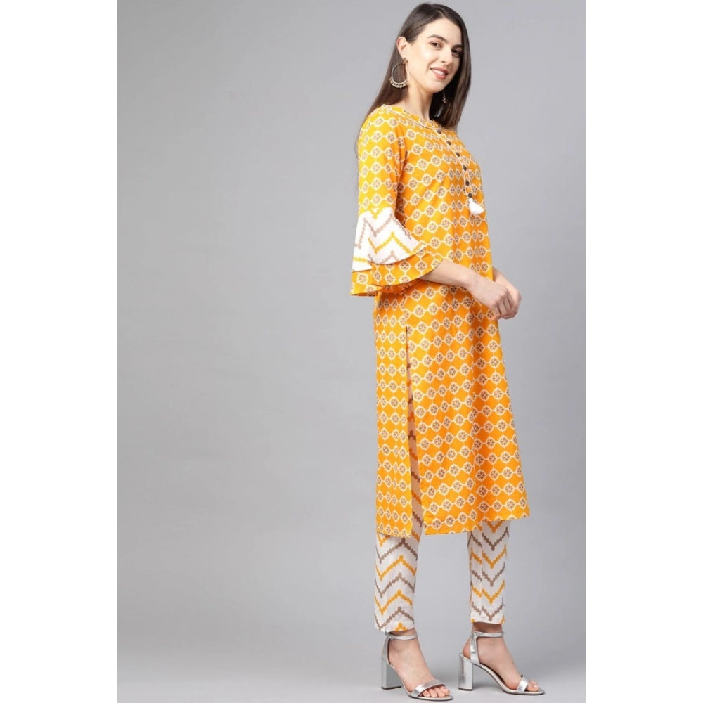 Snuggle Spot Women's Casual 3/4 th Sleeve Floral Printed Cotton Kurti Set (Mustard)