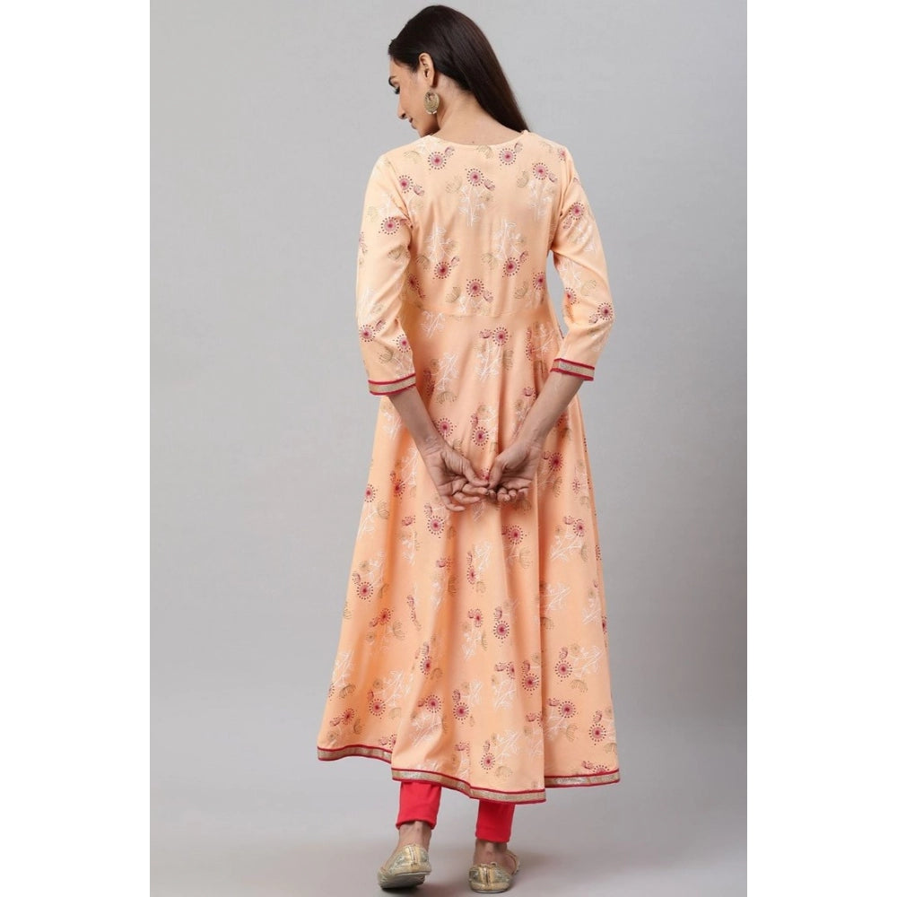 Snuggle Spot Women's Casual 3/4 th Sleeve Floral Printed Rayon Kurti (Peach)