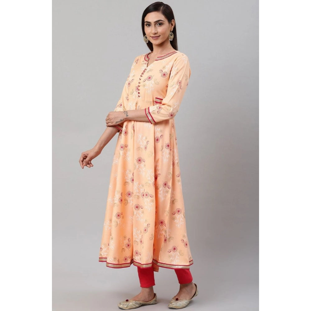 Snuggle Spot Women's Casual 3/4 th Sleeve Floral Printed Rayon Kurti (Peach)