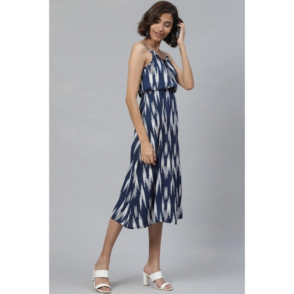 Snuggle Spot Women's Casual Sleeveless Ikat Print Rayon Dress (Blue)