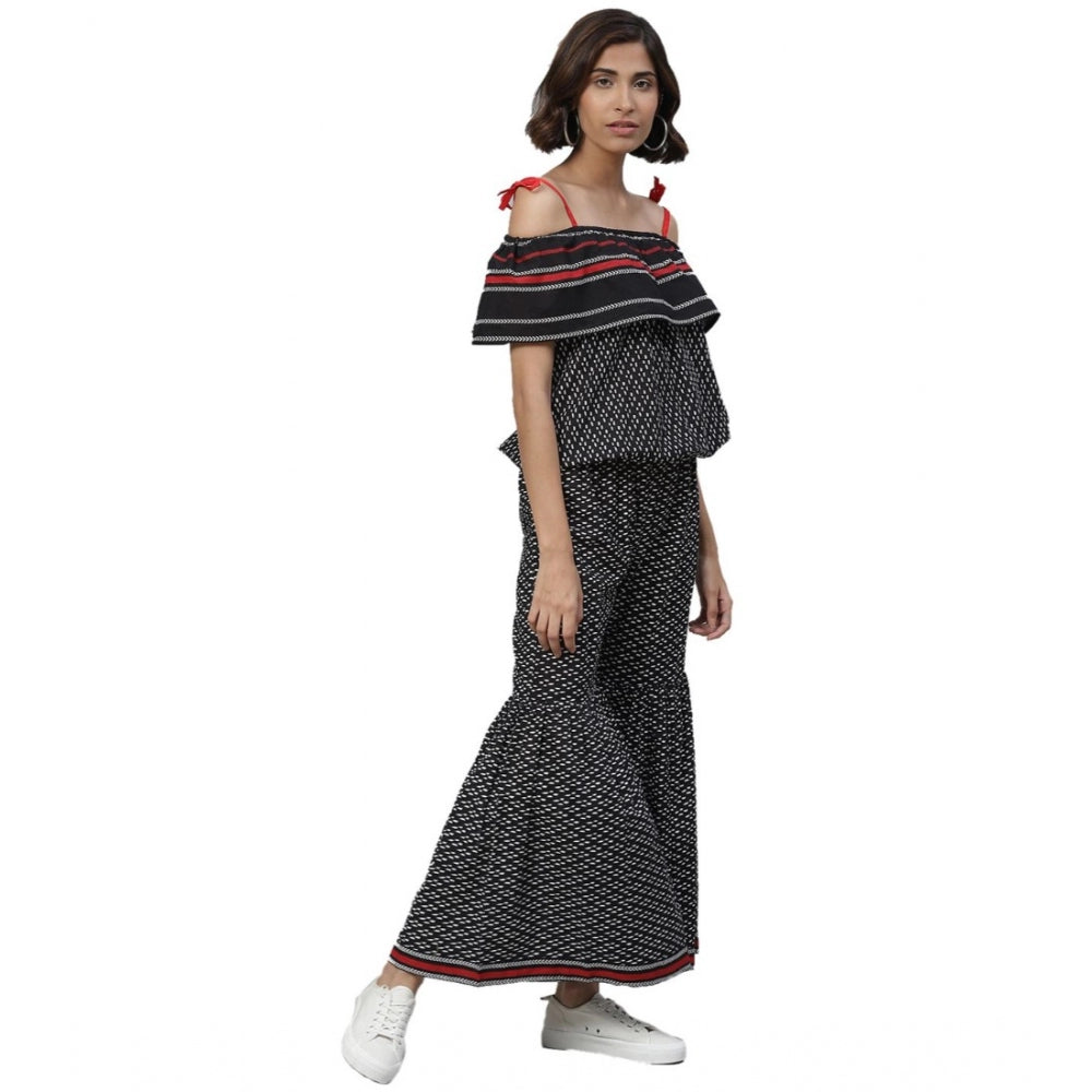 Snuggle Spot Women's Casual shoulder sleeve Geomatrical Printed Cotton Dress (Black)