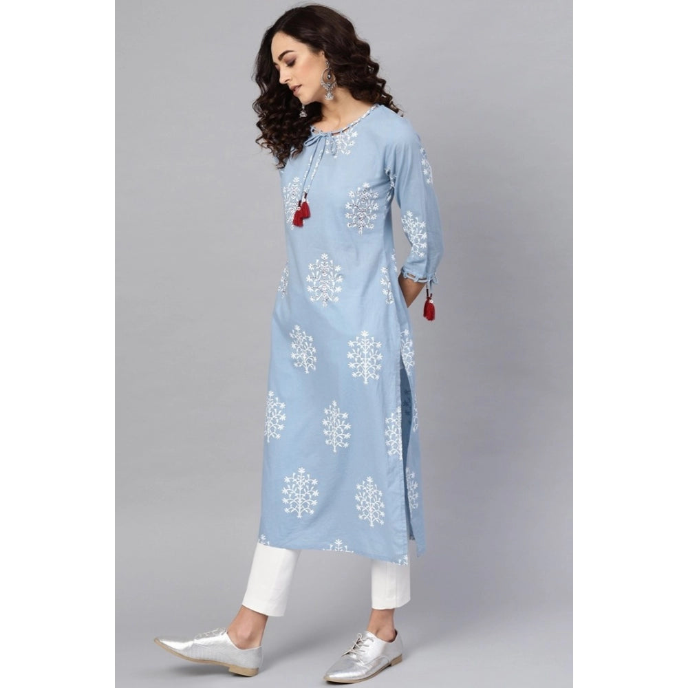 Snuggle Spot Women's Casual 3/4 th Sleeve Embroidery Cambric Cotton Kurti (Blue)