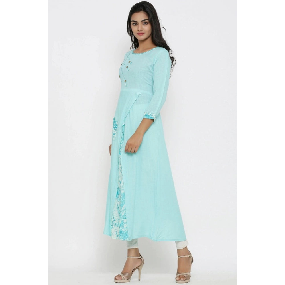 Snuggle Spot Women's Casual 3/4 th Sleeve Embroidery Rayon Kurti (Sky Blue)