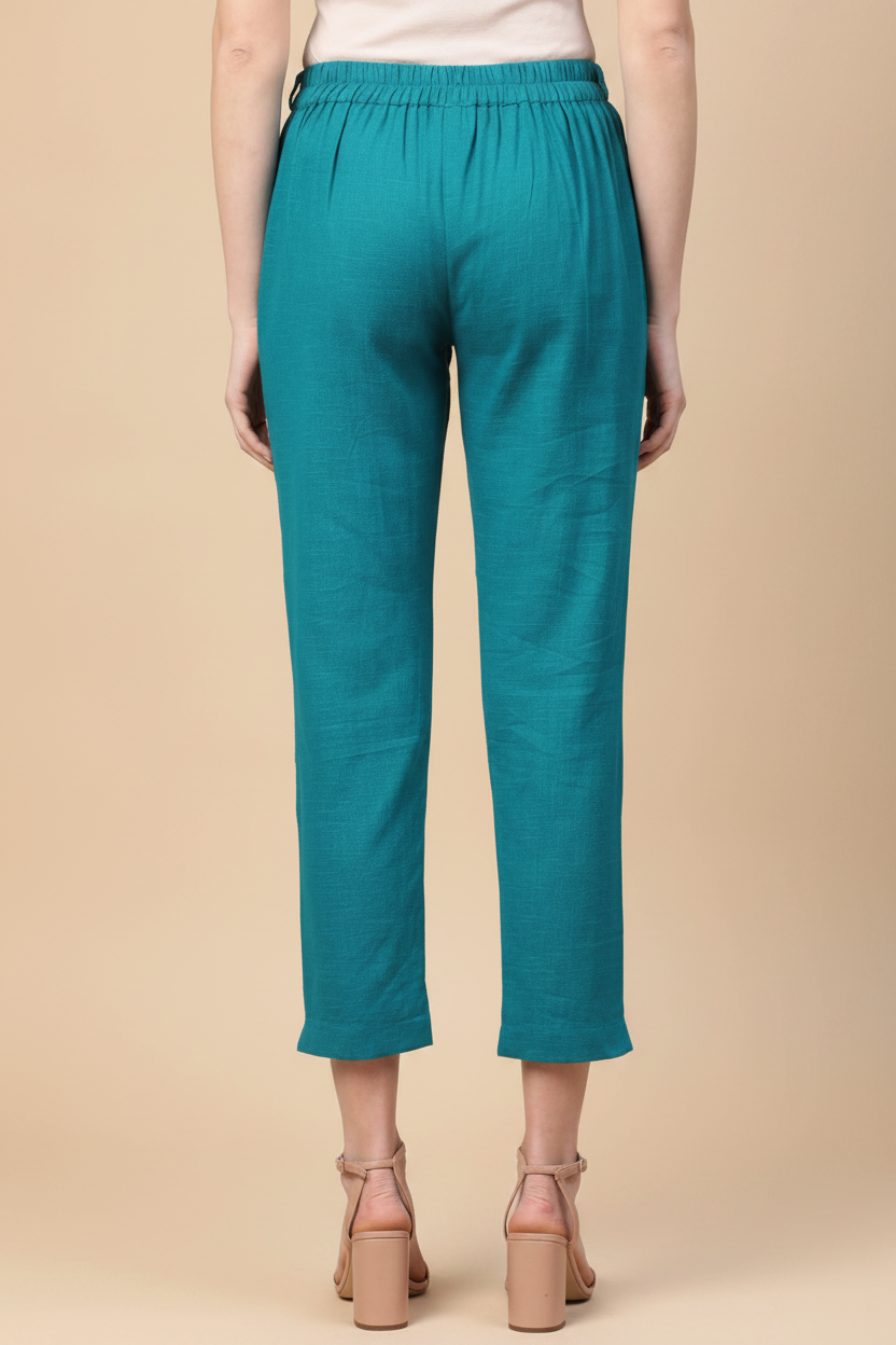 Snuggle Spot Women's Casual Solid Cotton Slub Trouser Pant (Rama Blue)