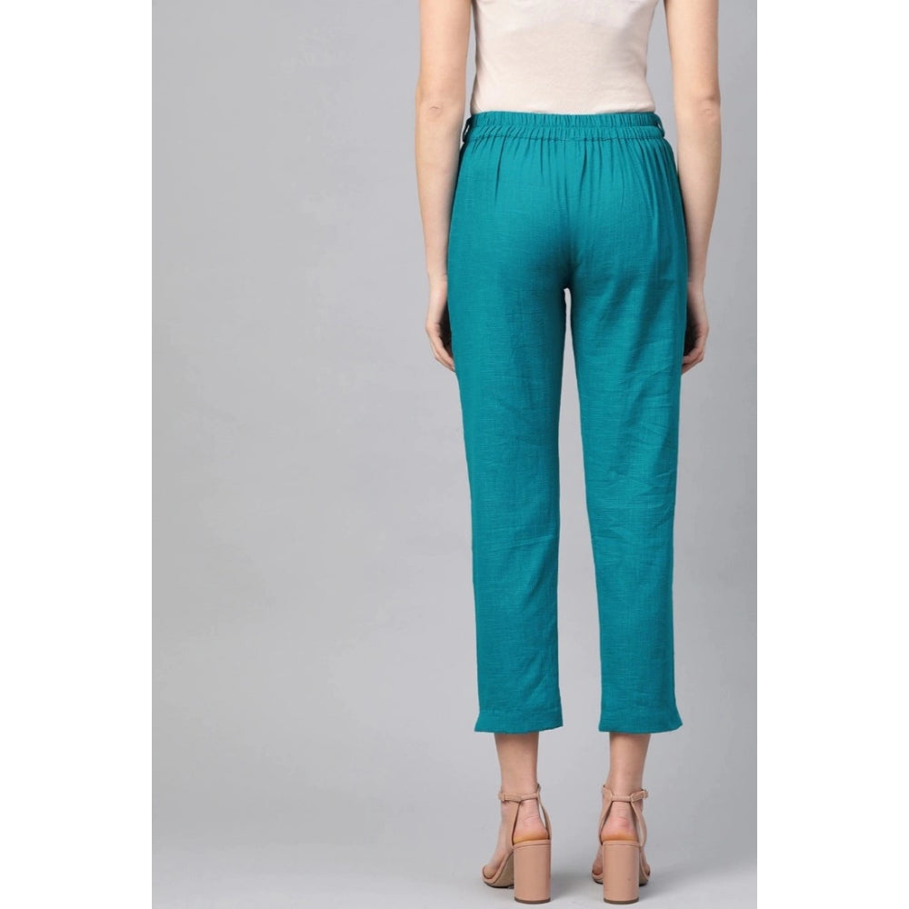 Snuggle Spot Women's Casual Solid Cotton Slub Trouser Pant (Rama Blue)