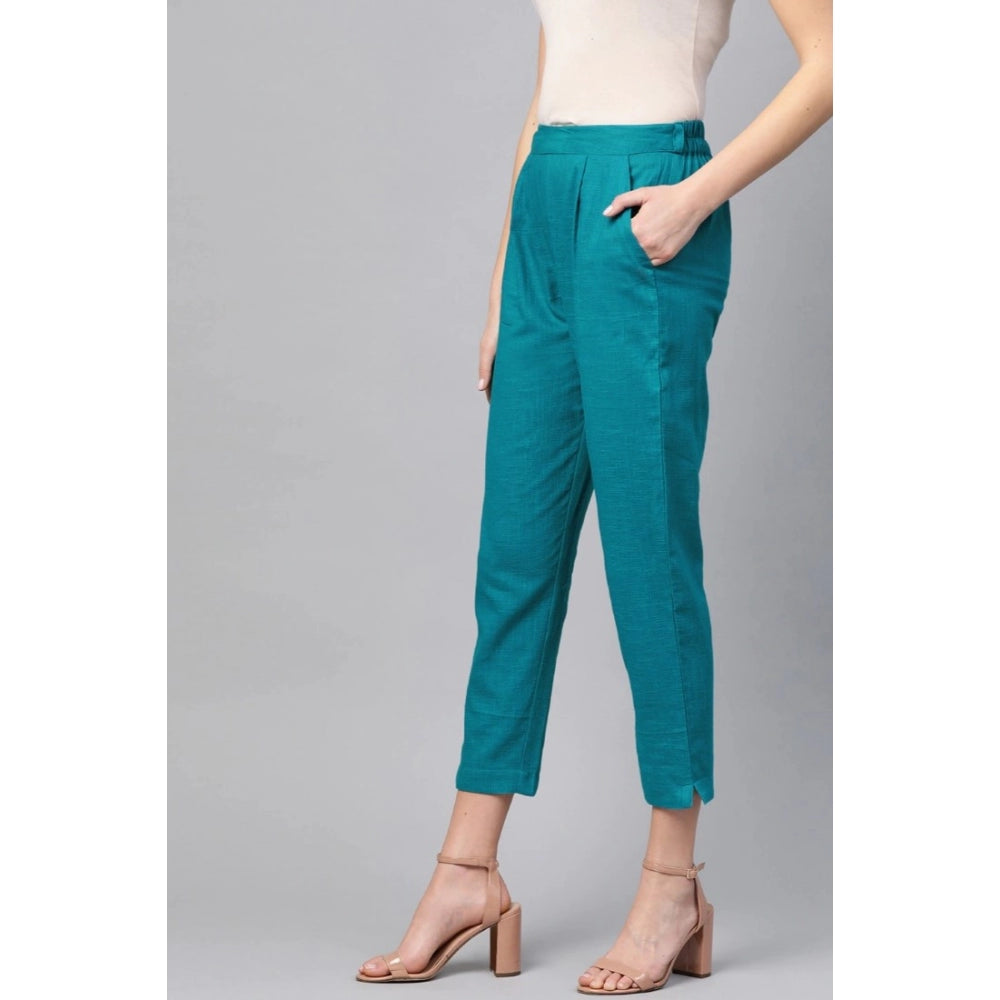 Snuggle Spot Women's Casual Solid Cotton Slub Trouser Pant (Rama Blue)