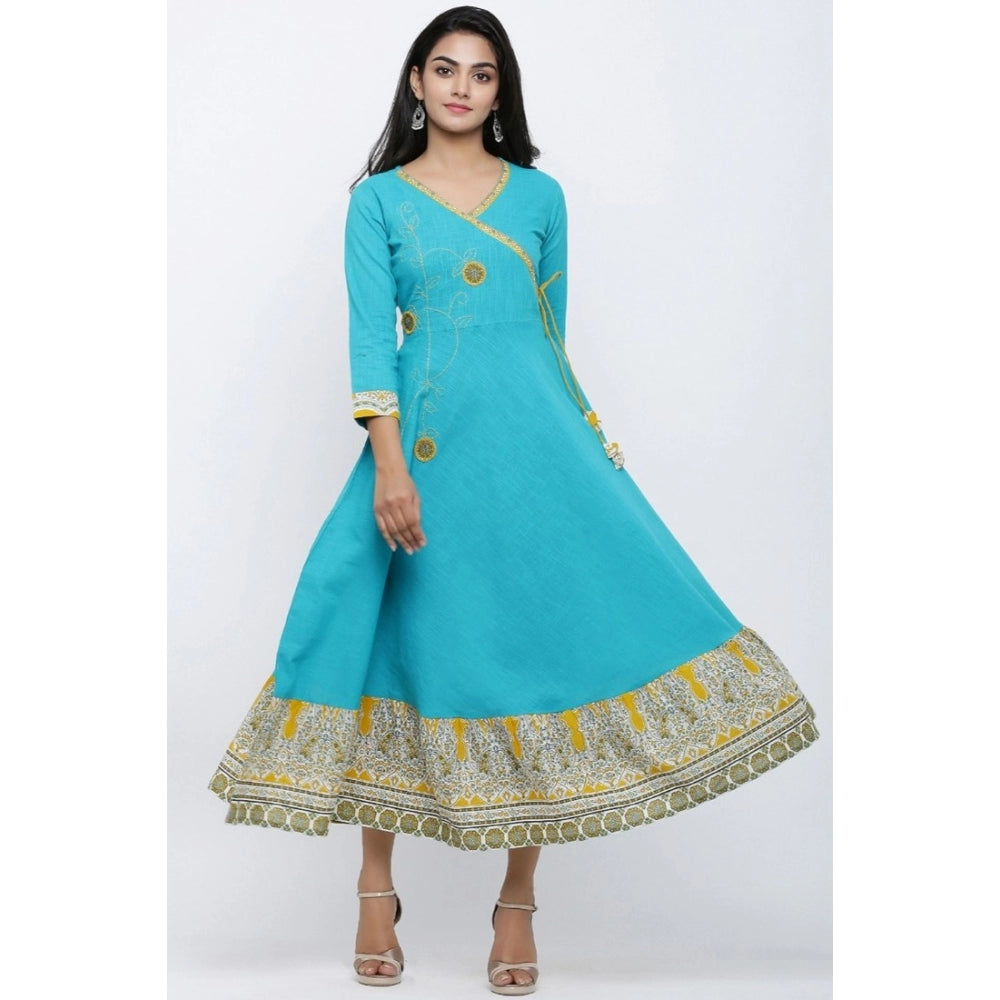 Snuggle Spot Women's Casual 3/4 th Sleeve Embroidery Cotton Blend Kurti (Torque Green)