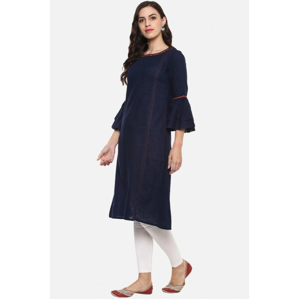 Snuggle Spot Women's Casual Bell Sleeves Solid Cotton Slub Kurti (Blue)