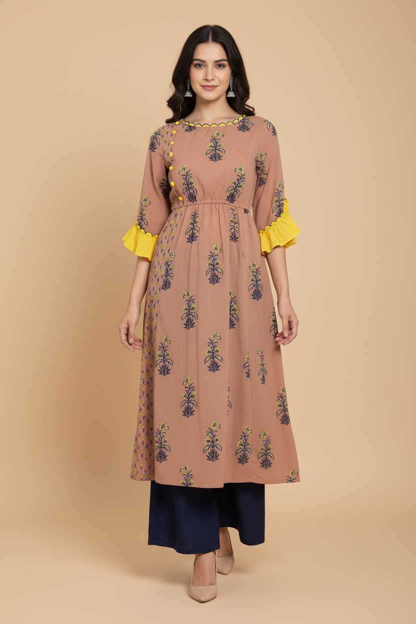 Snuggle Spot Women's Casual 3/4 th Sleeve Floral Printed Cotton Kurti (MultiColor)