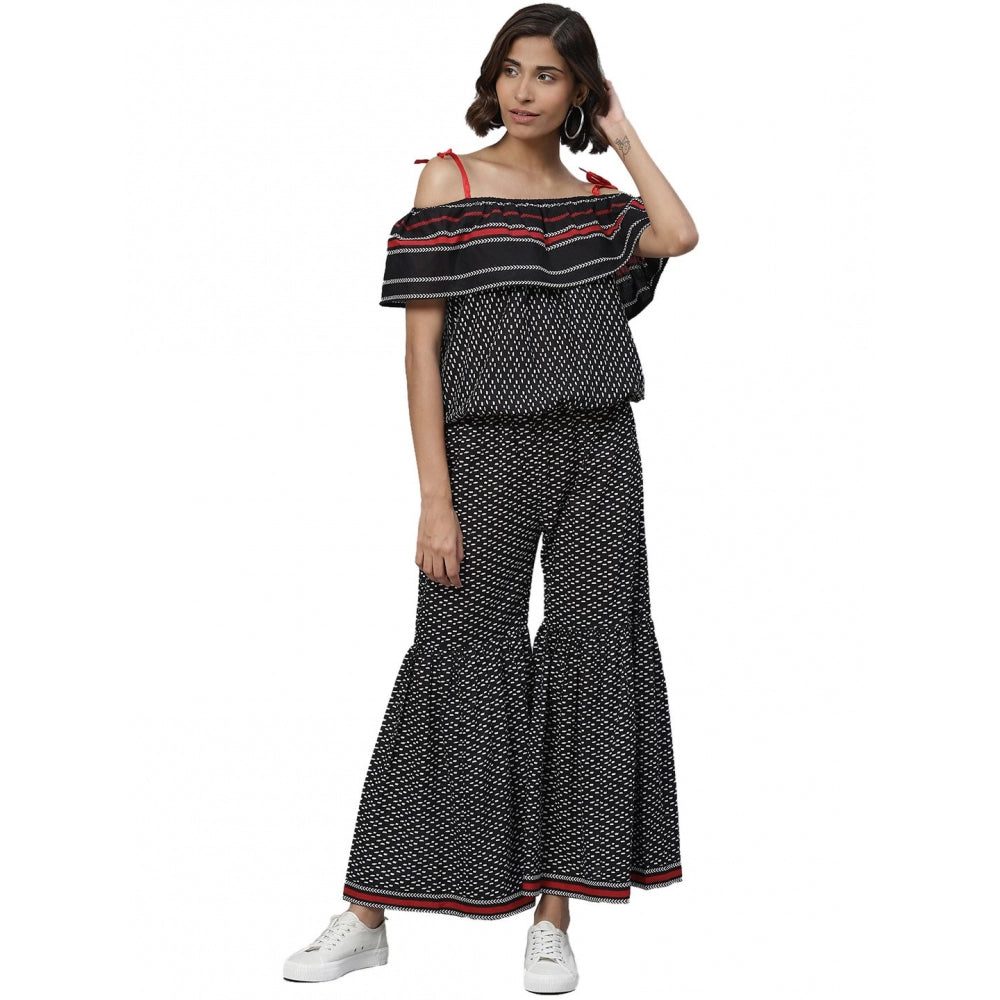 Snuggle Spot Women's Casual shoulder sleeve Geomatrical Printed Cotton Dress (Black)