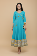 Snuggle Spot Women's Casual 3/4 th Sleeve Embroidery Cotton Blend Kurti (Torque Green)