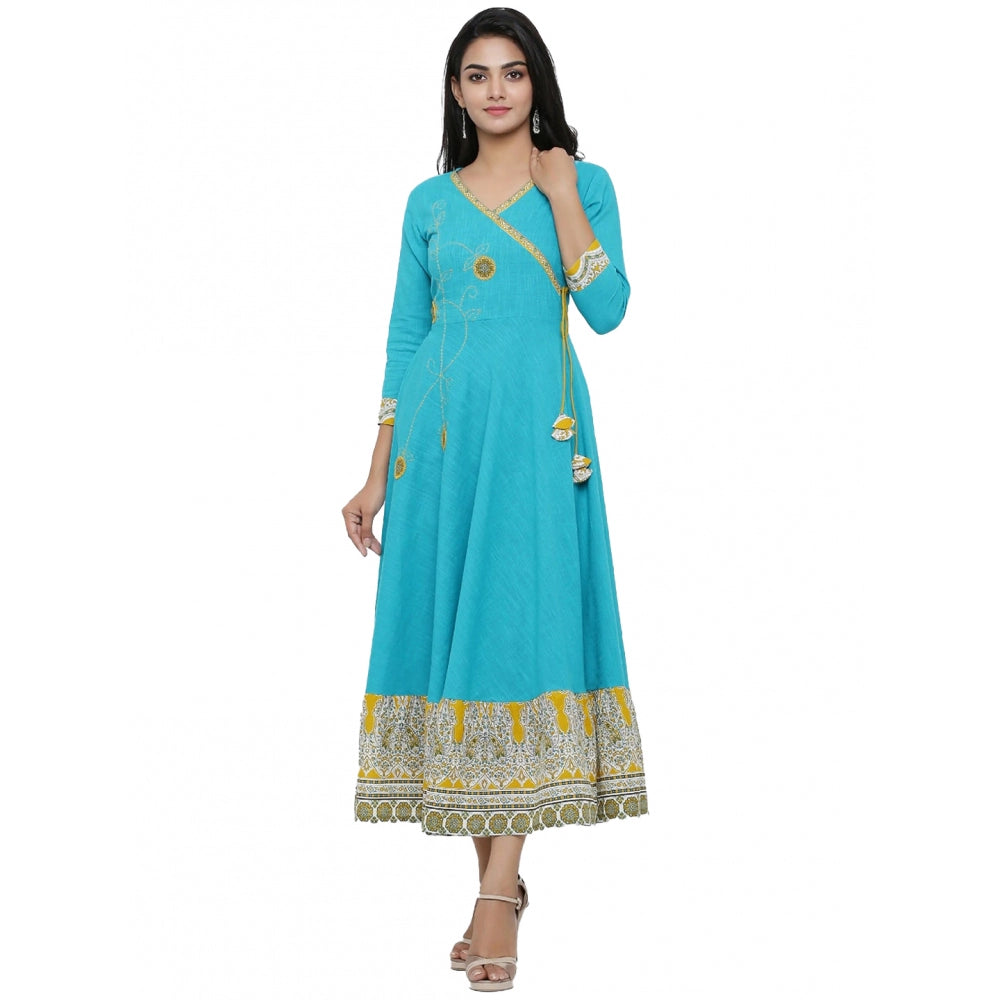 Snuggle Spot Women's Casual 3/4 th Sleeve Embroidery Cotton Blend Kurti (Torque Green)