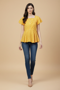 Snuggle Spot Women's Casual Short Sleeves Stripe Printed Rayon Top (Mustard)