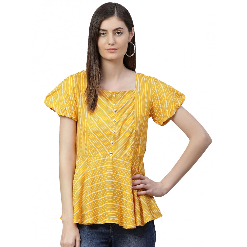 Snuggle Spot Women's Casual Short Sleeves Stripe Printed Rayon Top (Mustard)