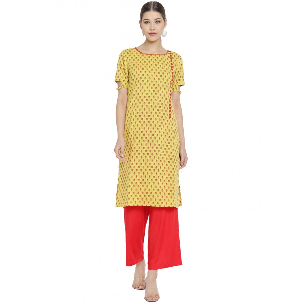 Snuggle Spot Women's Casual Short Sleeves Floral Printed Cotton &amp; Rayon Kurti Palazzo Set (Yellow &amp; Red)