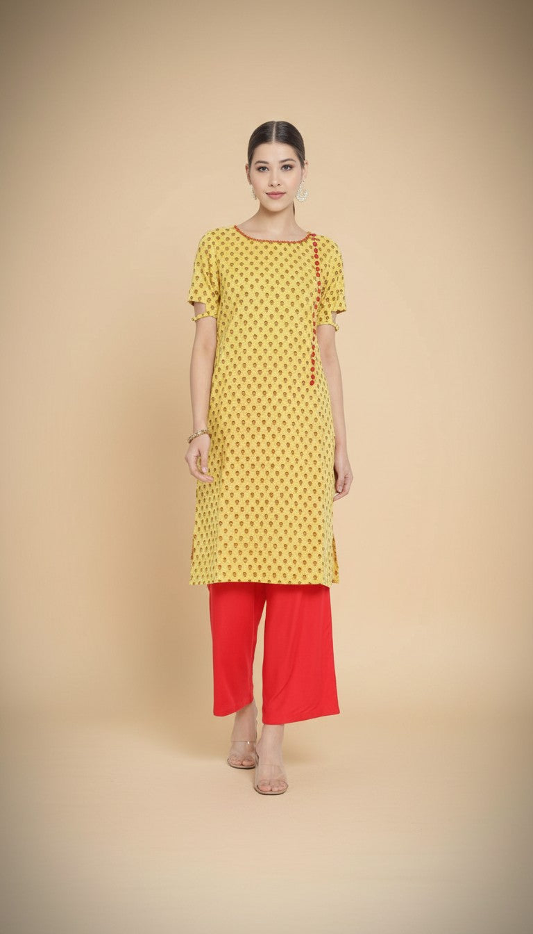 Snuggle Spot Women's Casual Short Sleeves Floral Printed Cotton &amp; Rayon Kurti Palazzo Set (Yellow &amp; Red)
