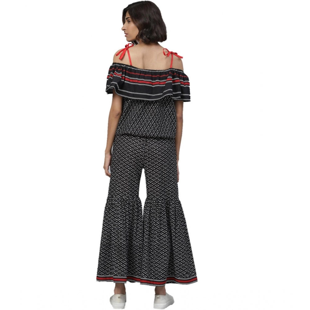 Snuggle Spot Women's Casual shoulder sleeve Geomatrical Printed Cotton Dress (Black)