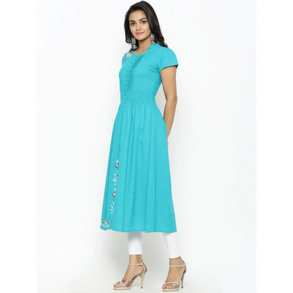 Snuggle Spot Women's Casual Short Sleeve Embroidery Cotton Slub Kurti (Torque Green)