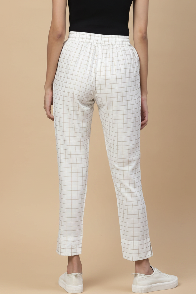 Snuggle Spot Women's Casual Checked Rayon Trouser Pant (White)