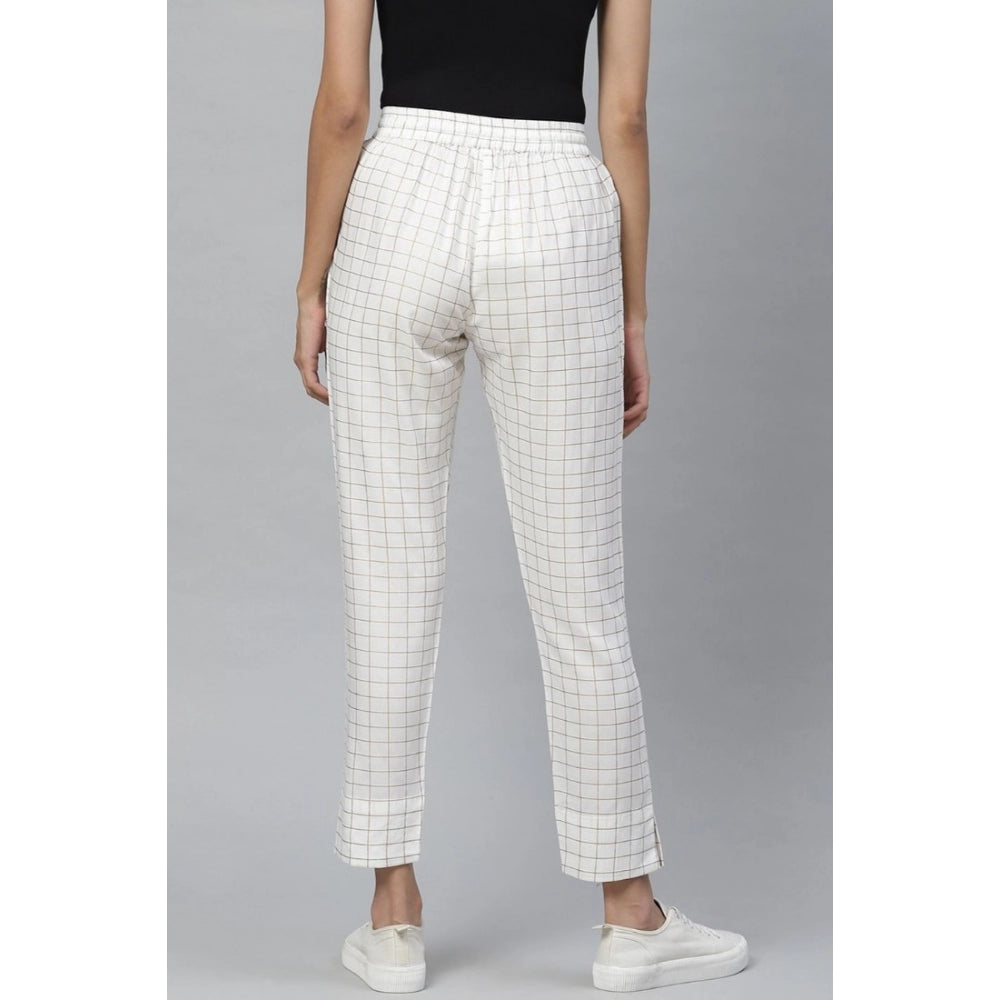 Snuggle Spot Women's Casual Checked Rayon Trouser Pant (White)