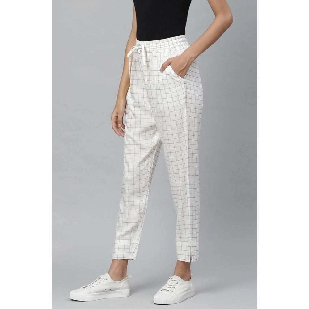 Snuggle Spot Women's Casual Checked Rayon Trouser Pant (White)