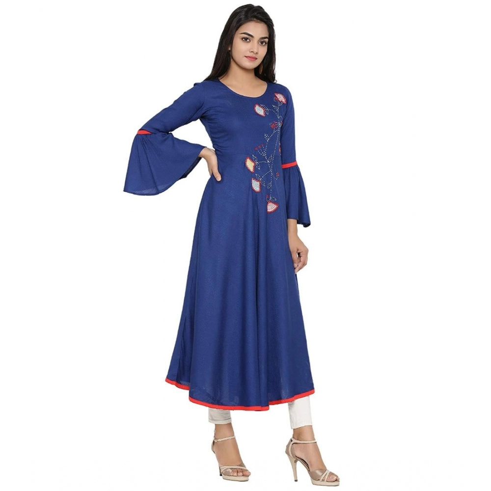 Snuggle Spot Women's Casual Bell Sleeves Embroidery Rayon Kurti (Blue)