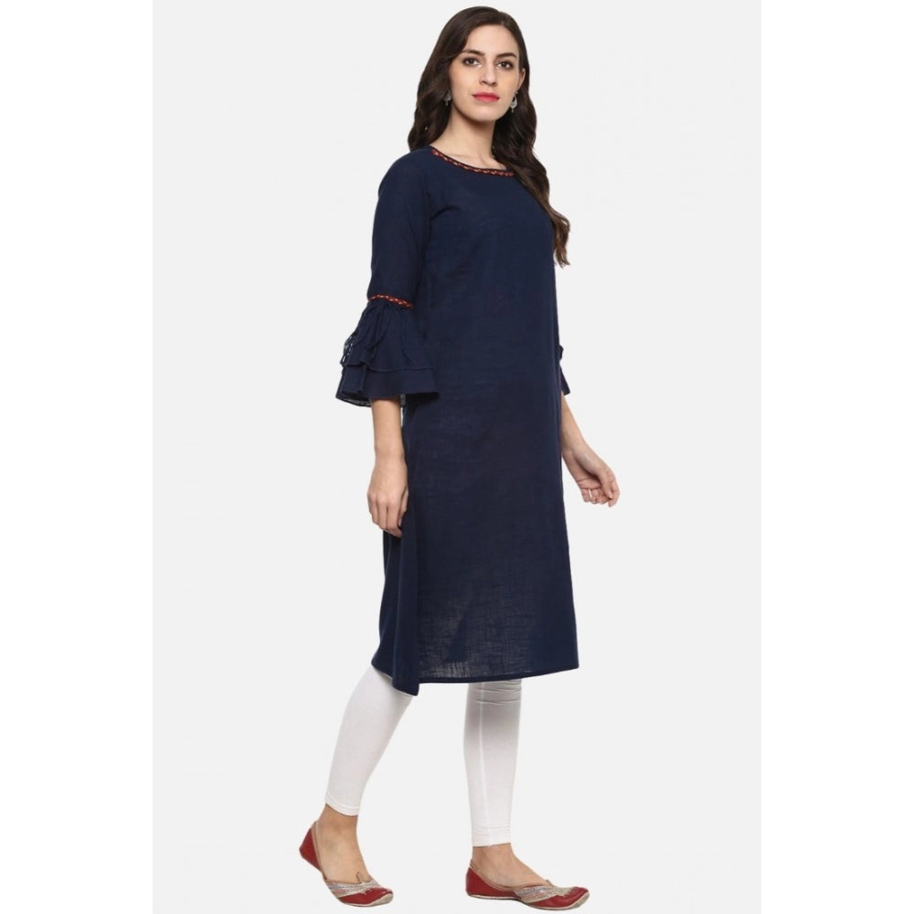 Snuggle Spot Women's Casual Bell Sleeves Solid Cotton Slub Kurti (Blue)
