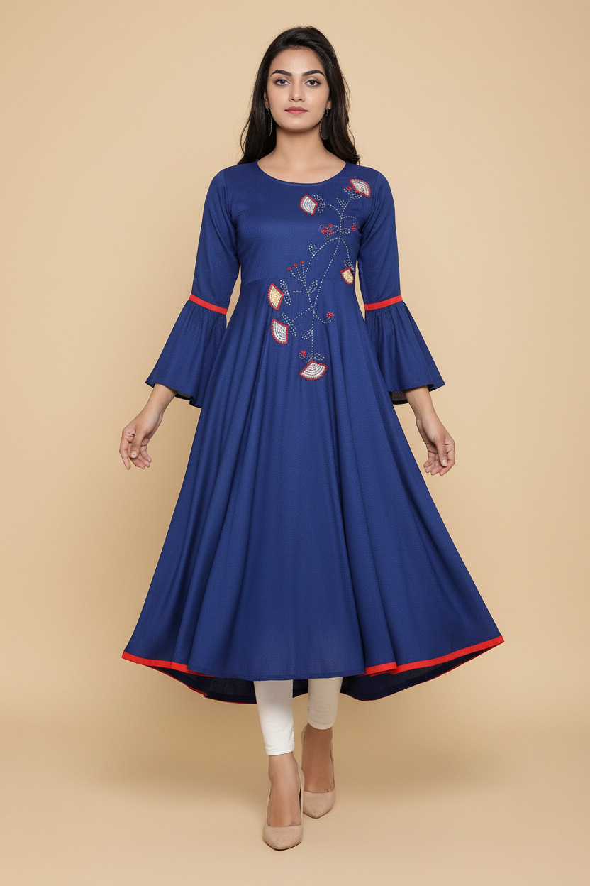 Snuggle Spot Women's Casual Bell Sleeves Embroidery Rayon Kurti (Blue)