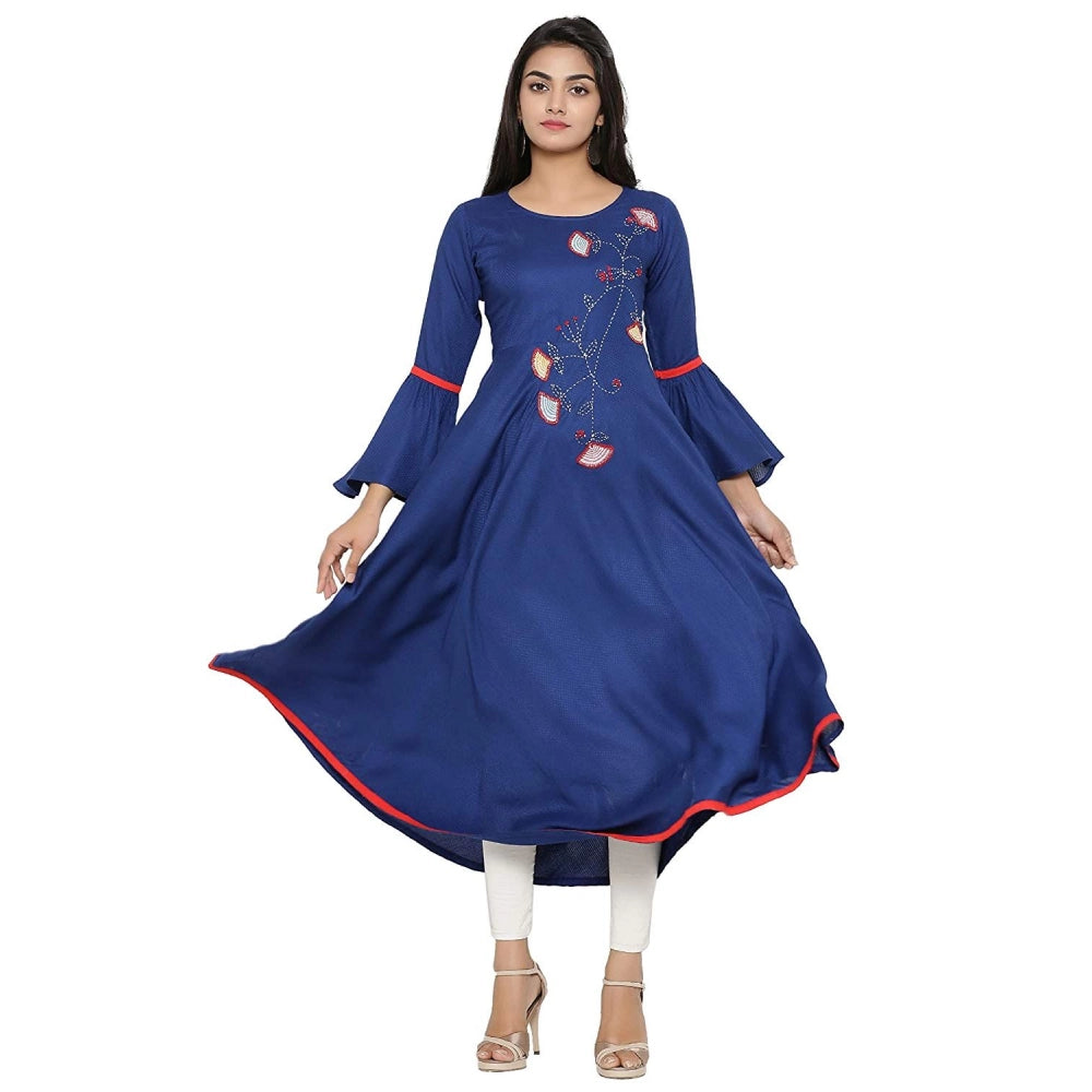 Snuggle Spot Women's Casual Bell Sleeves Embroidery Rayon Kurti (Blue)