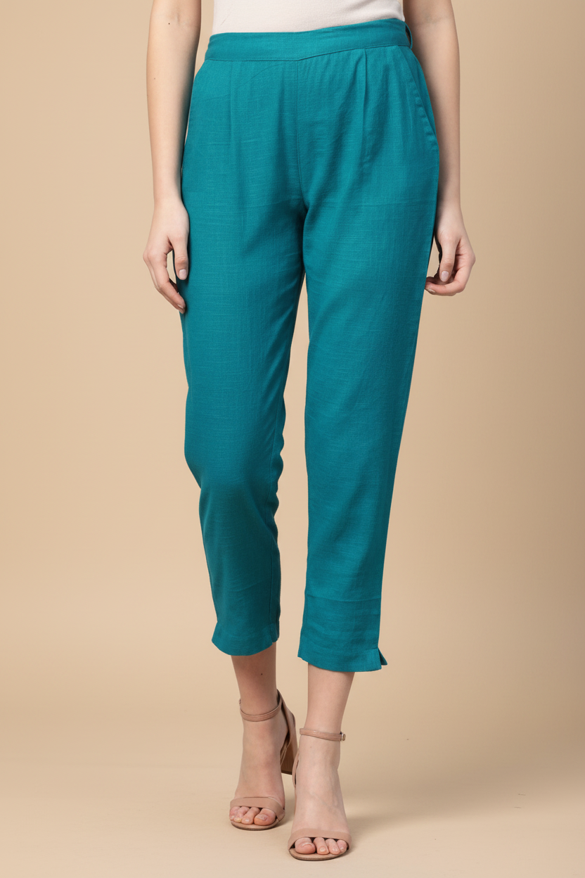 Snuggle Spot Women's Casual Solid Cotton Slub Trouser Pant (Rama Blue)