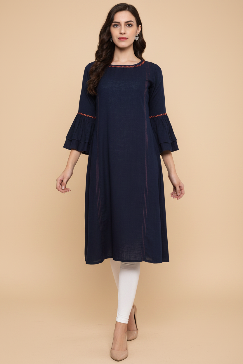 Snuggle Spot Women's Casual Bell Sleeves Solid Cotton Slub Kurti (Blue)