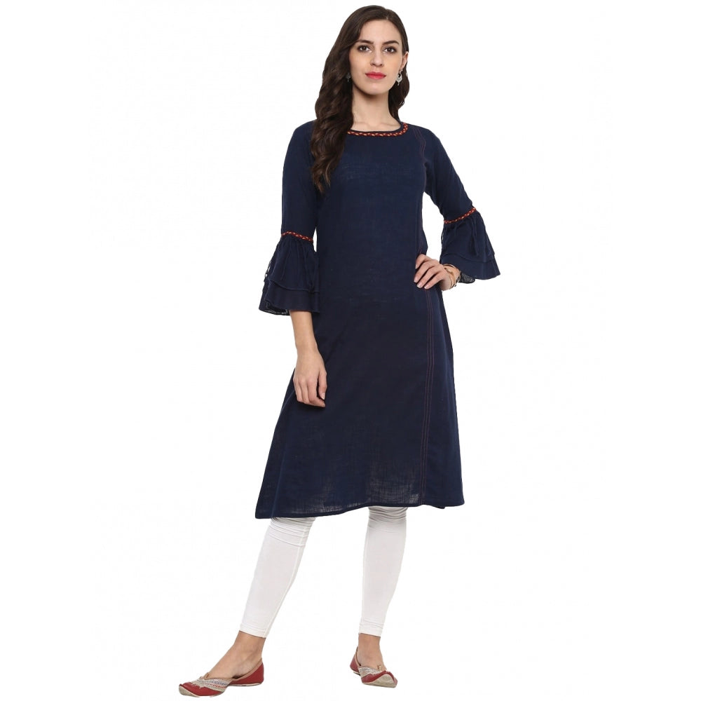 Snuggle Spot Women's Casual Bell Sleeves Solid Cotton Slub Kurti (Blue)