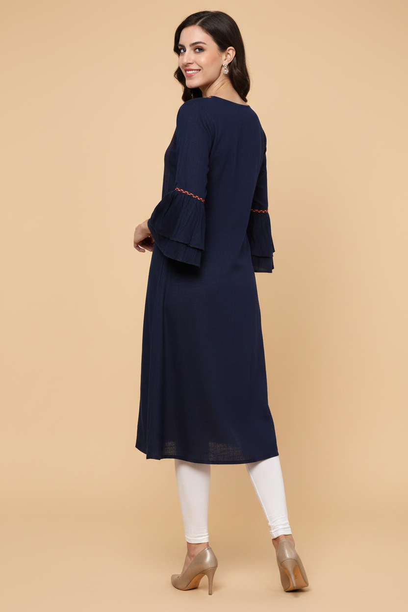 Snuggle Spot Women's Casual Bell Sleeves Solid Cotton Slub Kurti (Blue)
