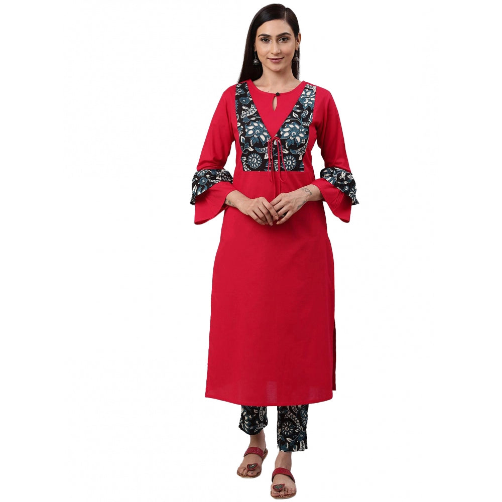 Snuggle Spot Women's Casual Bell Sleeves Floral Printed Cotton Kurti Set (Rani Pink)