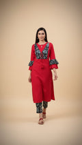 Snuggle Spot Women's Casual Bell Sleeves Floral Printed Cotton Kurti Set (Rani Pink)